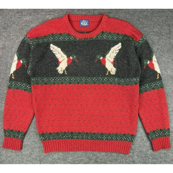 VTG Woolrich Mallard Duck Wool Sweater L Hunting Outdoor Crew Neck Pullover 80s